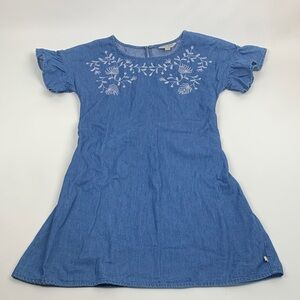 Lucky Brand Denim Ruffle Tie Embroidered Blue Floral Dress Size XL Cotton